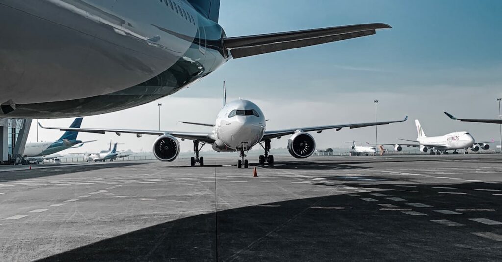 Low angle of various airplanes parked on airfield against blue sky on sunny day